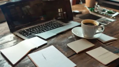 Ambiente de trabalho de um nômade digital com laptop e café.