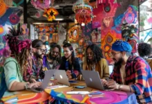 Grupo de nômades digitais trabalhando em um espaço colaborativo.