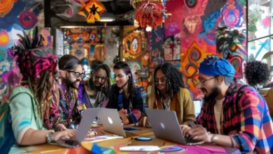 Grupo de nômades digitais trabalhando em um espaço colaborativo.