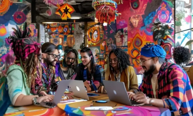 Grupo de nômades digitais trabalhando em um espaço colaborativo.