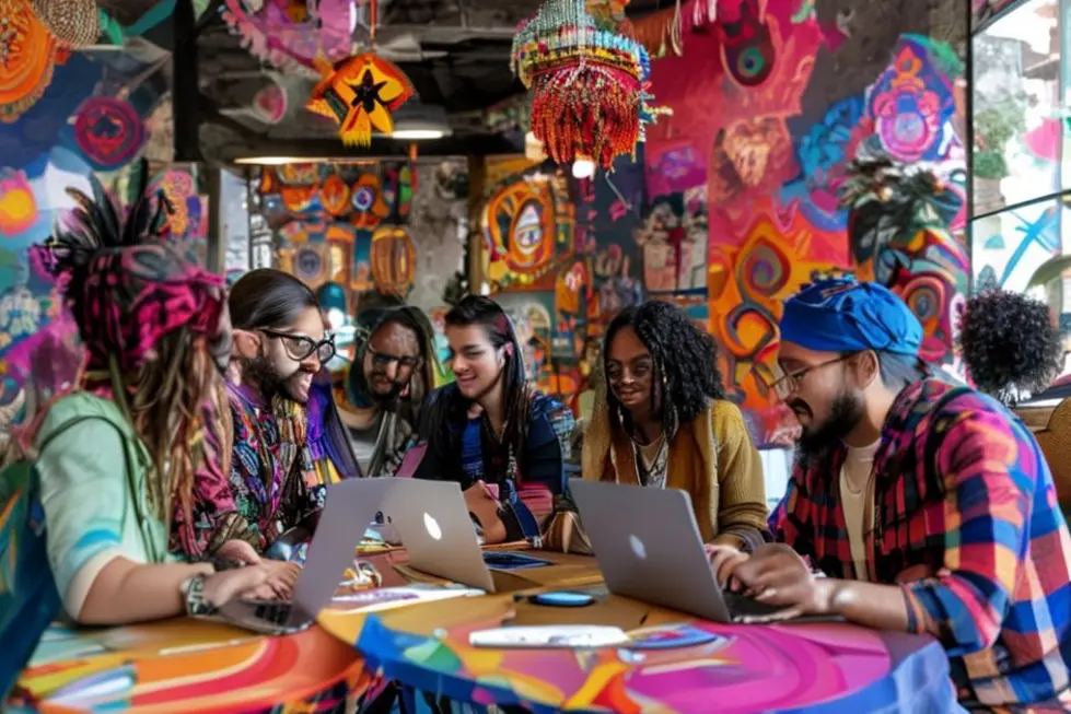 Grupo de nômades digitais trabalhando em um espaço colaborativo.