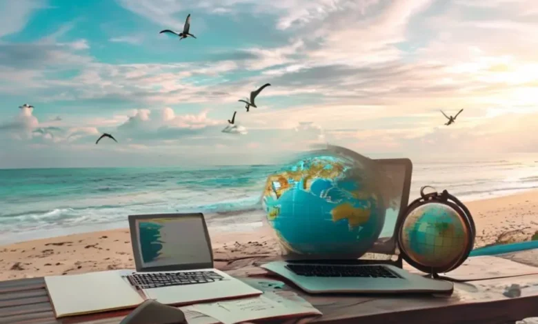 Mesa em uma praia com laptop e anotações, simbolizando liberdade financeira para nômades digitais.