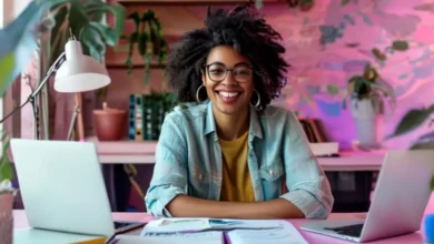 Freelancer confiante celebrando sua rotina organizada.