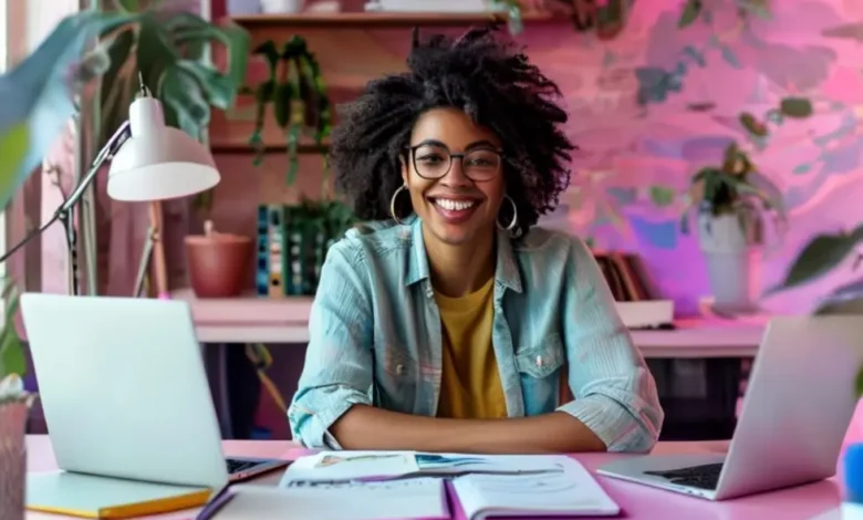 Freelancer confiante celebrando sua rotina organizada.