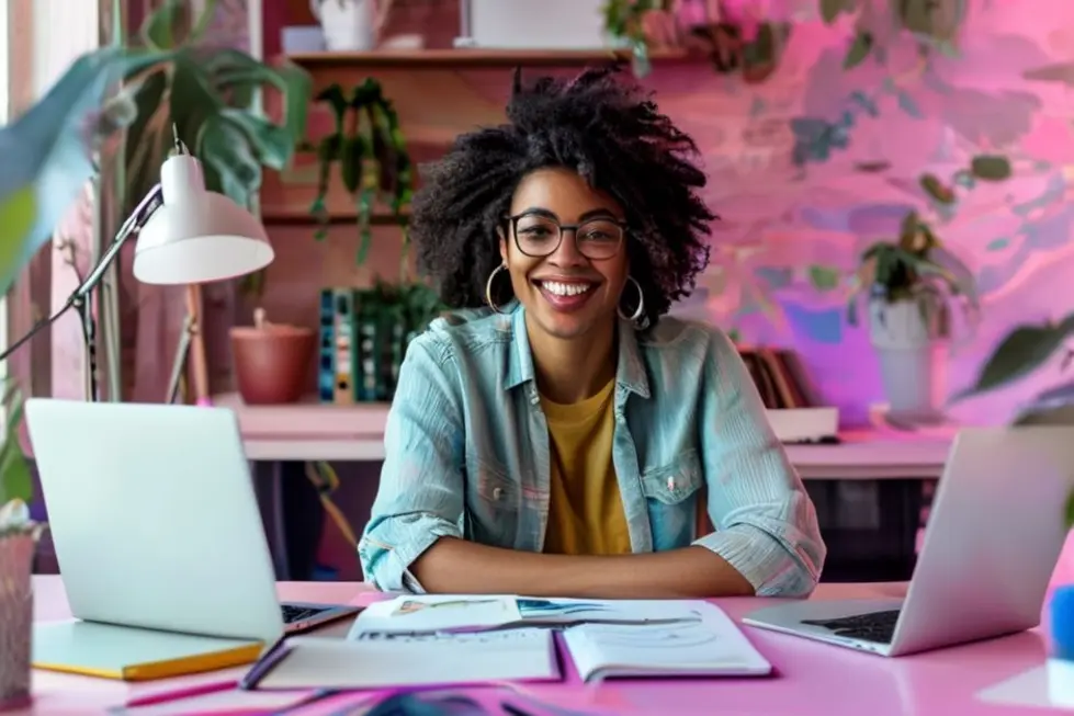 Freelancer confiante celebrando sua rotina organizada.