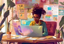 Empreendedor revisando relações com clientes em um ambiente de trabalho inspirador.