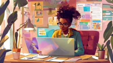 Empreendedor revisando relações com clientes em um ambiente de trabalho inspirador.