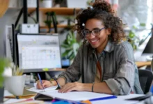 Imagem de um freelancer organizando sua agenda de clientes com um sorriso.