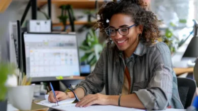 Imagem de um freelancer organizando sua agenda de clientes com um sorriso.