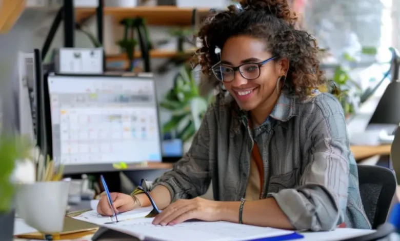 Imagem de um freelancer organizando sua agenda de clientes com um sorriso.