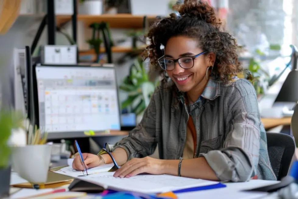 Imagem de um freelancer organizando sua agenda de clientes com um sorriso.