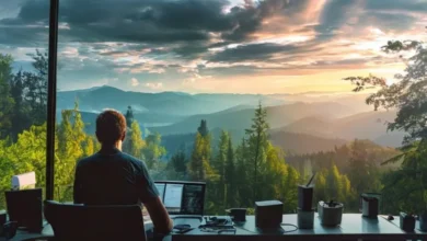 Profissional remoto trabalhando ao ar livre com vista para a natureza.