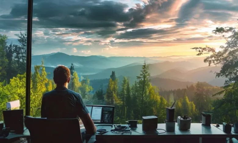 Profissional remoto trabalhando ao ar livre com vista para a natureza.