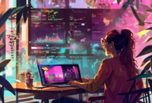 Nômade digital trabalhando em um café, cercado por gráficos e dados de sucesso.