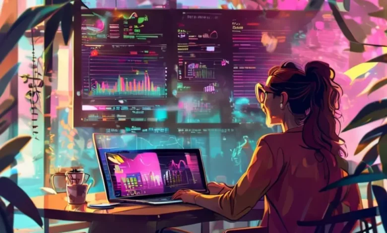 Nômade digital trabalhando em um café, cercado por gráficos e dados de sucesso.