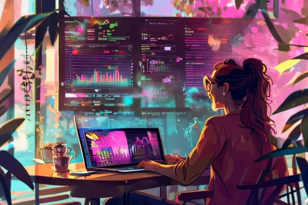 Nômade digital trabalhando em um café, cercado por gráficos e dados de sucesso.