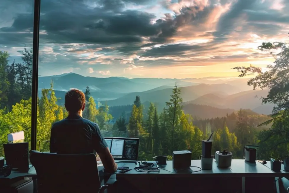 Profissional remoto trabalhando ao ar livre com vista para a natureza.