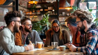 Grupo diversificado de nômades digitais trabalhando juntos.