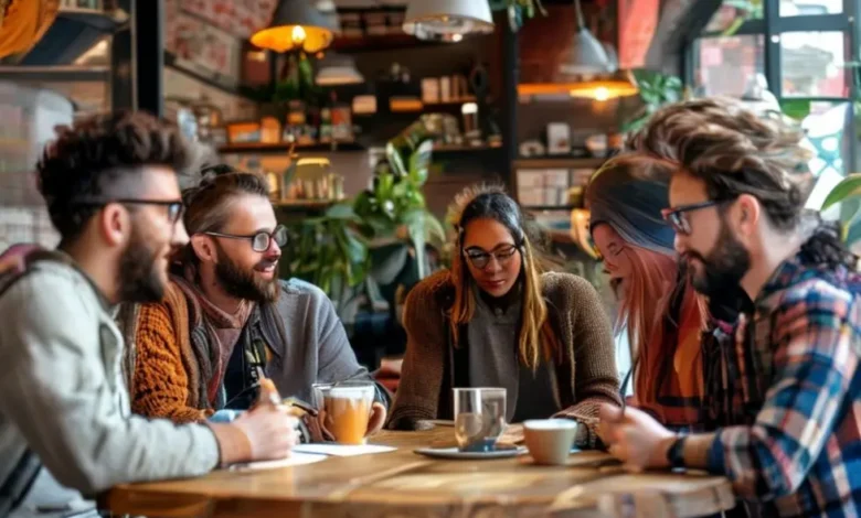 Grupo diversificado de nômades digitais trabalhando juntos.