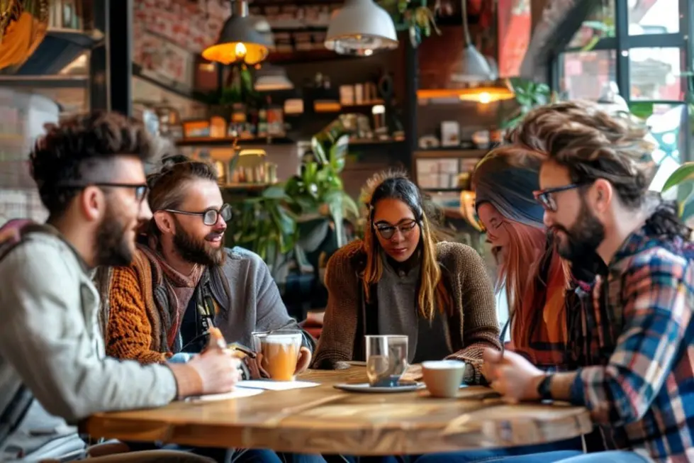 Grupo diversificado de nômades digitais trabalhando juntos.