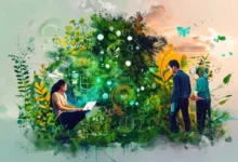 Empreendedores envoltos em práticas sustentáveis no mundo digital.