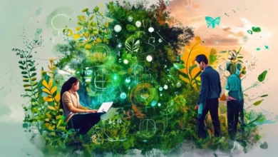 Empreendedores envoltos em práticas sustentáveis no mundo digital.