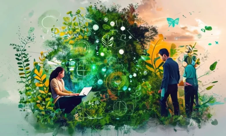 Empreendedores envoltos em práticas sustentáveis no mundo digital.