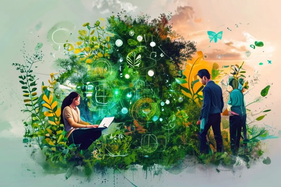 Empreendedores envoltos em práticas sustentáveis no mundo digital.