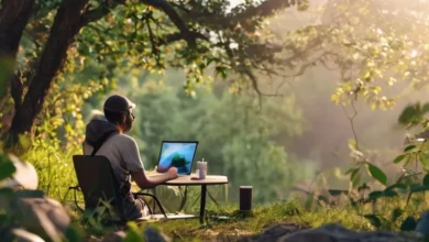 Nômade digital em um espaço de trabalho sustentável ao ar livre.