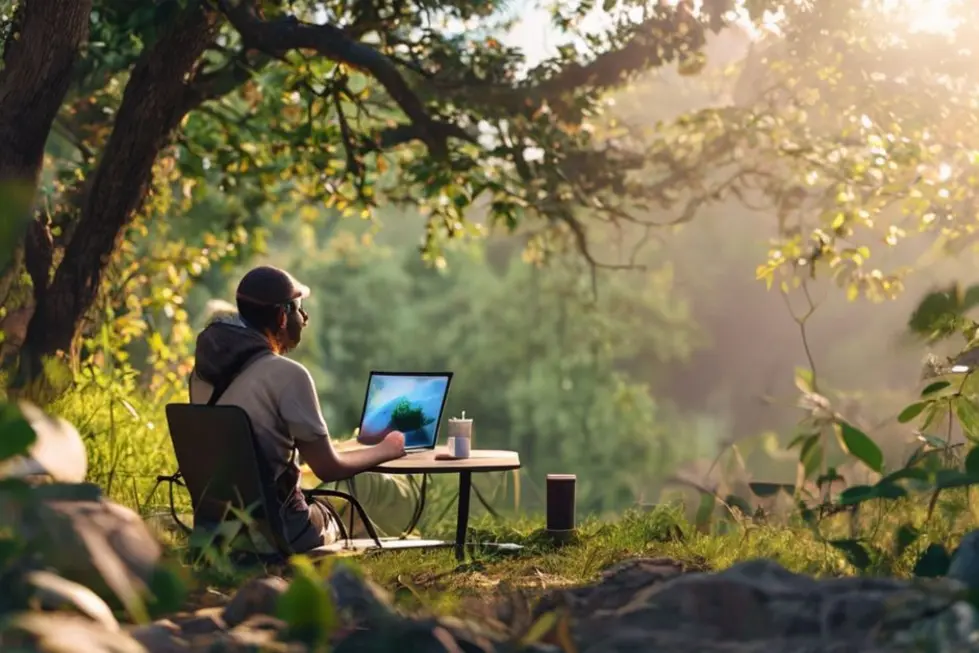 Nômade digital em um espaço de trabalho sustentável ao ar livre.
