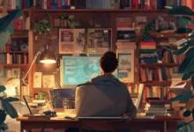 Empreendedor digital trabalhando em um laptop em um ambiente inspirador.