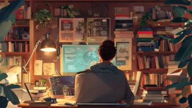 Empreendedor digital trabalhando em um laptop em um ambiente inspirador.