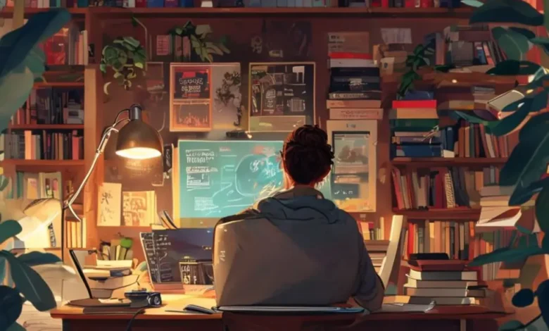 Empreendedor digital trabalhando em um laptop em um ambiente inspirador.