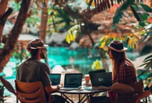 Grupo de nômades digitais em um ambiente natural, focado em maximização de lucros.