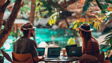 Grupo de nômades digitais em um ambiente natural, focado em maximização de lucros.