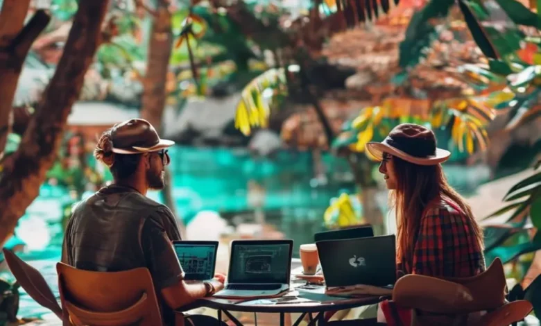 Grupo de nômades digitais em um ambiente natural, focado em maximização de lucros.