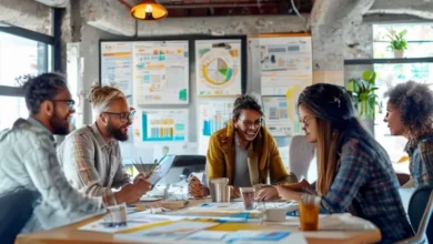 Grupo de empreendedores colaborando em estratégias de gestão