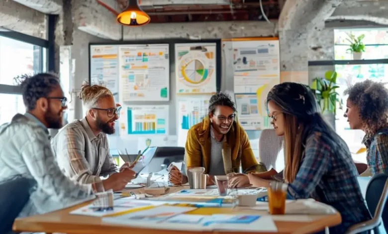Grupo de empreendedores colaborando em estratégias de gestão