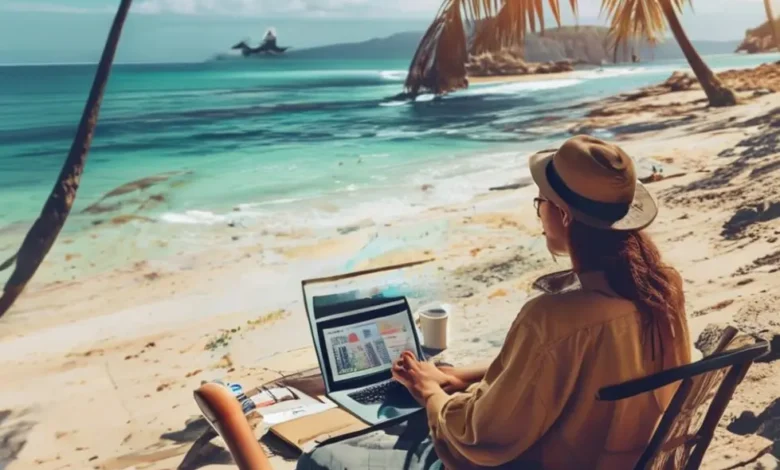 Empreendedor digital em ambiente de praia, usando laptop para gestão estratégica