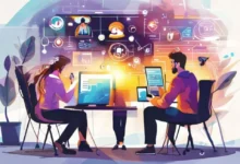 Nômades digitais analisando estratégias de negócios em uma reunião colaborativa.