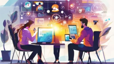 Nômades digitais analisando estratégias de negócios em uma reunião colaborativa.