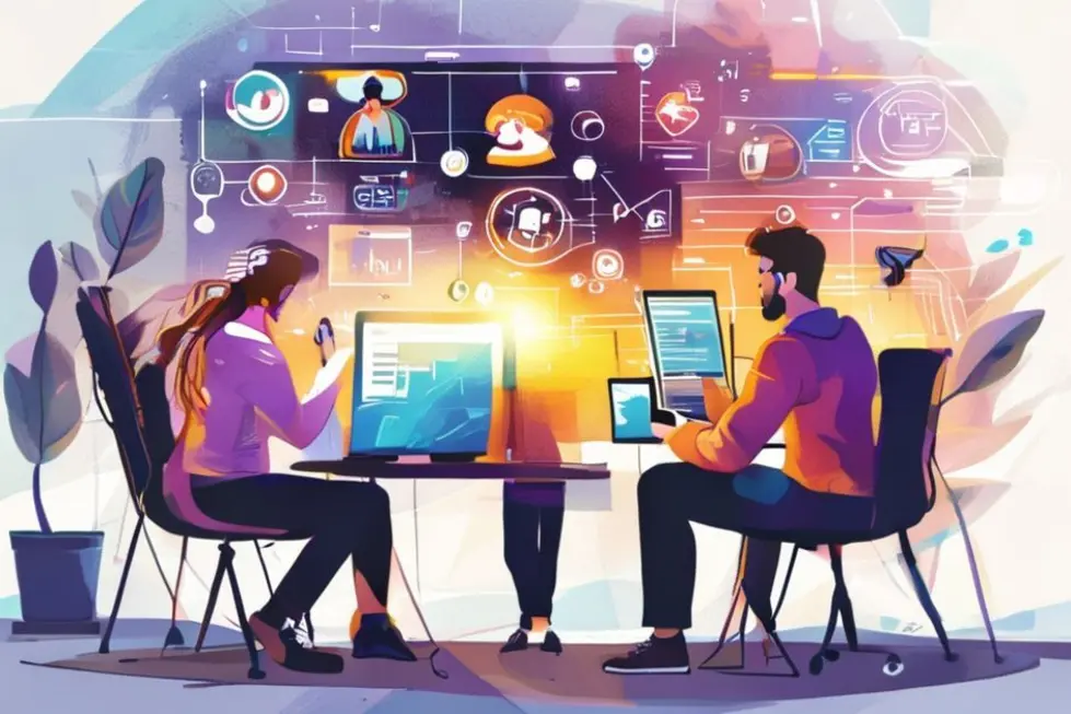 Nômades digitais analisando estratégias de negócios em uma reunião colaborativa.