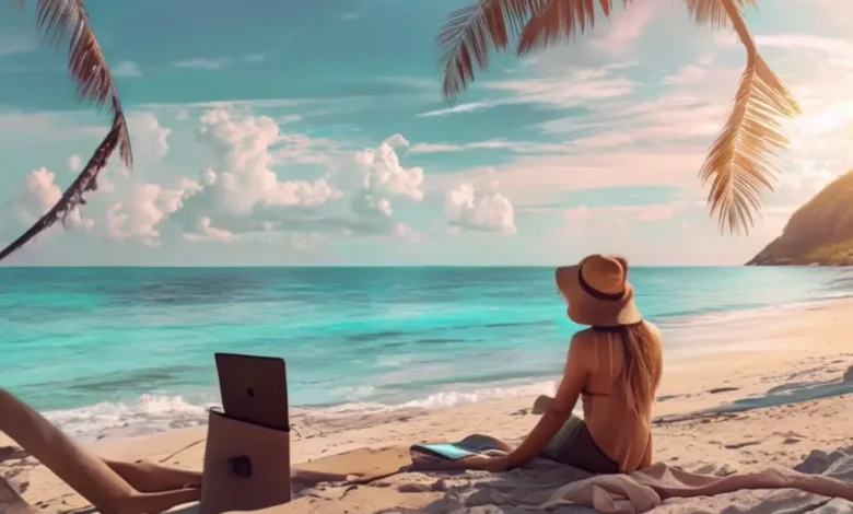 Nômade digital trabalhando na praia, simbolizando liberdade e gestão estratégica.