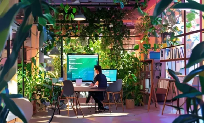 Um nômade digital trabalhando em um espaço de co-working criativo, representando gestão eficaz.