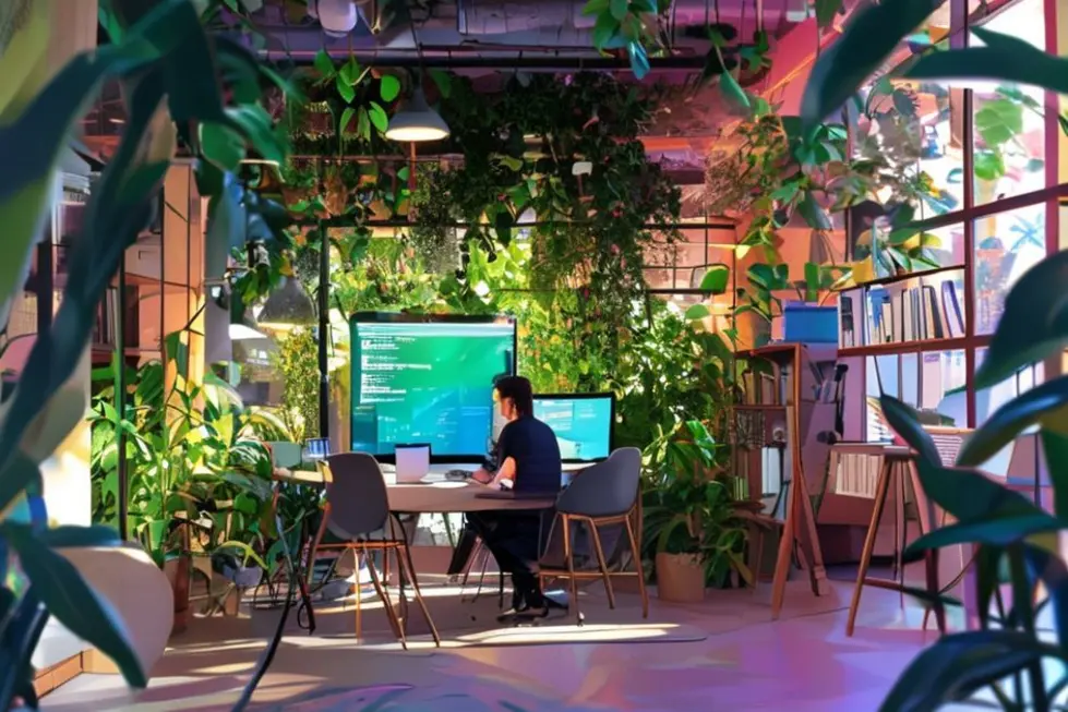 7 Estratégias de Gestão Eficiente para Nômades Digitais Aumentarem seus Lucros - Web Nômade Digital Um nômade digital trabalhando em um espaço de co-working criativo, representando gestão eficaz.