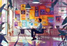 Empreendedor planejando um programa de mentoria em um escritório iluminado.