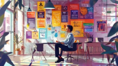 Empreendedor planejando um programa de mentoria em um escritório iluminado.