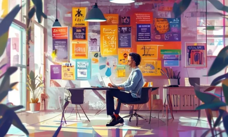 Empreendedor planejando um programa de mentoria em um escritório iluminado.