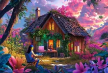 Nômade digital trabalhando em uma cabana no meio da natureza, representando negócios sustentáveis.