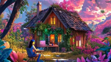 Nômade digital trabalhando em uma cabana no meio da natureza, representando negócios sustentáveis.